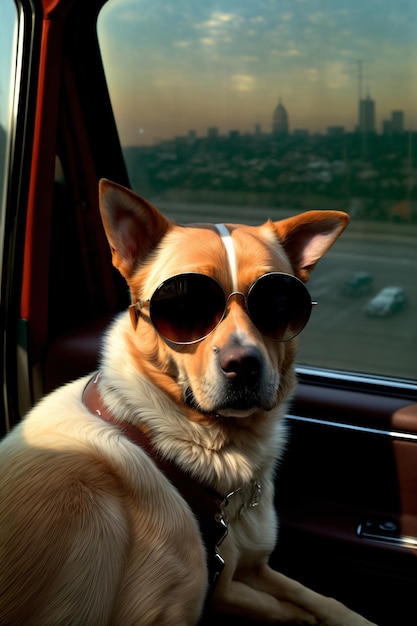 Een hond met een zonnebril in een auto