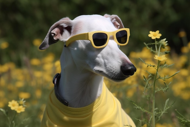 Een hond met een zonnebril op in een veld met bloemen