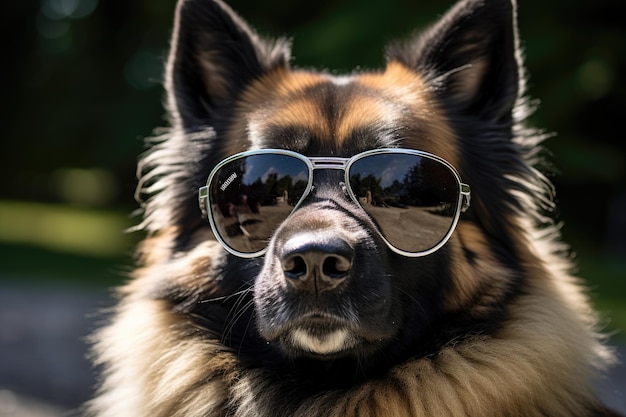 Foto een hond met een zonnebril speelt de rol van een mens op vakantie.