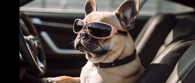 Een hond met een zonnebril zit in een auto zonnige dag Generatieve AI