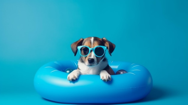 Een hond met een zonnebril zit in een blauwe cirkel met een blauwe cirkel met de tekst 'hond' erop.