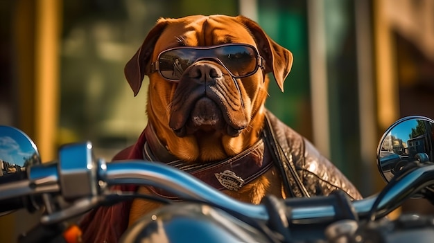 Een hond met een zonnebril zit op een motorfiets Een hond in een jas en een zonnebril zit op een motorfiets Dog Biker