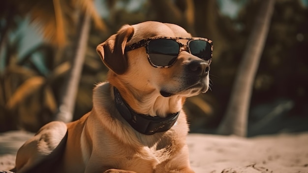Een hond met een zonnebril zit op een strand
