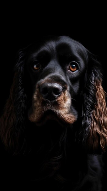Een hond met een zwart gezicht en bruine ogen