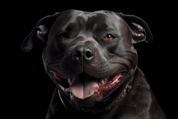 Een hond met een zwart gezicht en een bruine neus