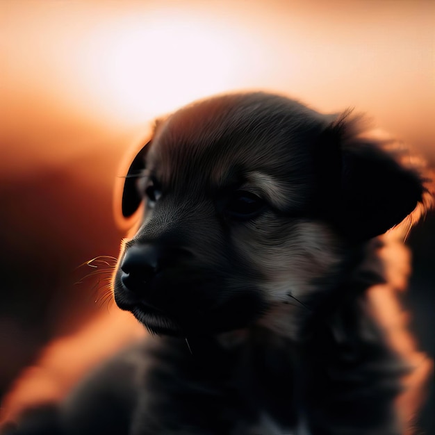 een hond met een zwart gezicht en een zonsondergang op de achtergrond Generatieve AI