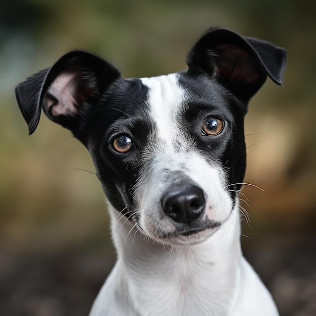 een hond met een zwart-wit gezicht en een bruin oog dat zegt: "de hond kijkt omhoog."