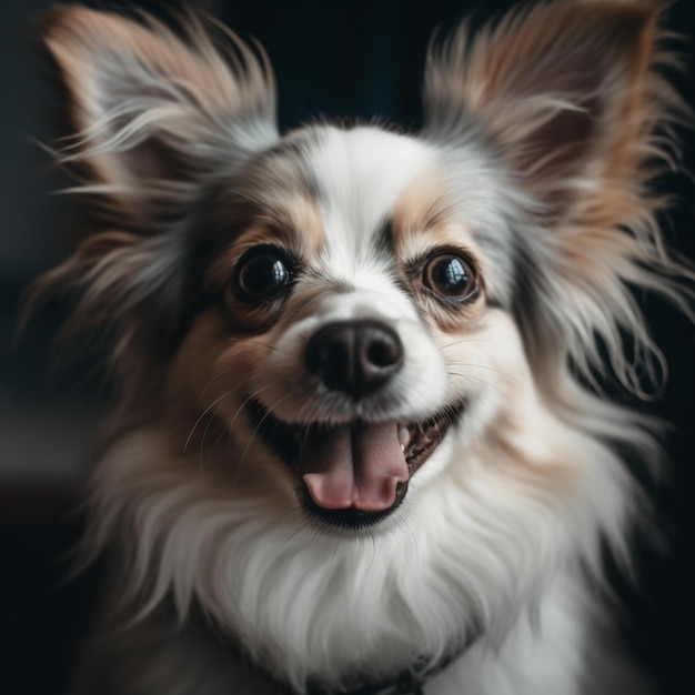 Een hond met een zwarte halsband en een witte staart lacht.