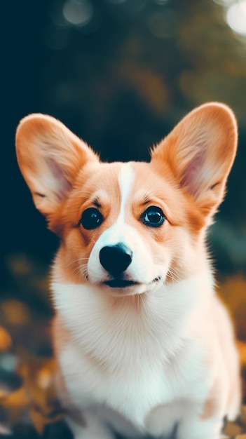 Een hond met een zwarte neus en witte poten zit in een veld met bladeren.