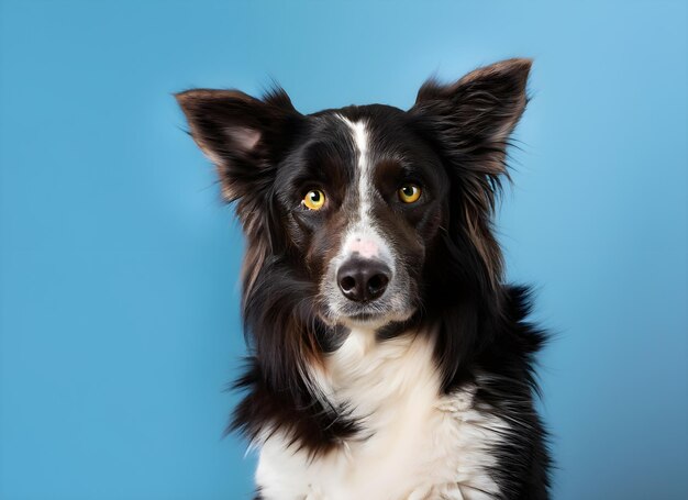 een hond met gele ogen en een blauwe achtergrond