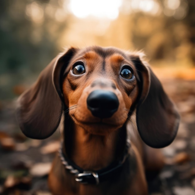 Een hond met grote ogen kijkt naar de camera.