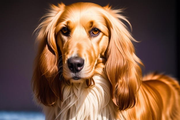 Een hond met lang haar en een bruine en witte vacht