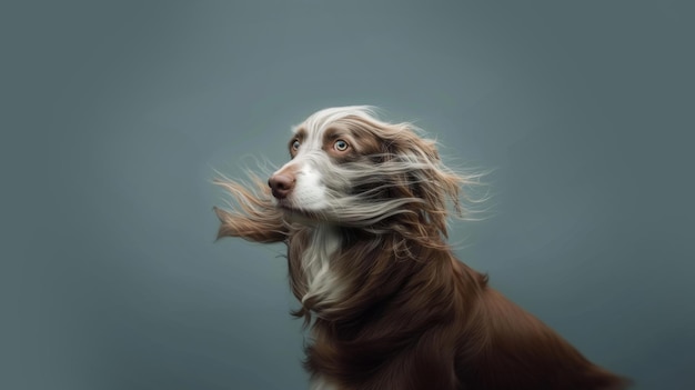 Een hond met lange haren Hondenjas op donkere achtergrond