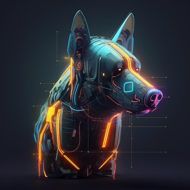 Een hond met neonlichten en een blauwe achtergrond