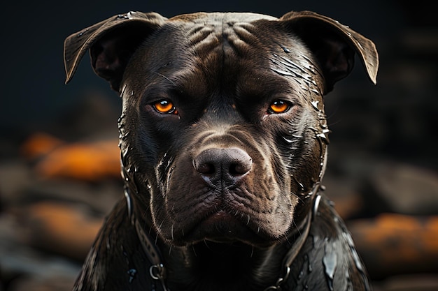 een hond met oranje ogen en een ketting om zijn nek