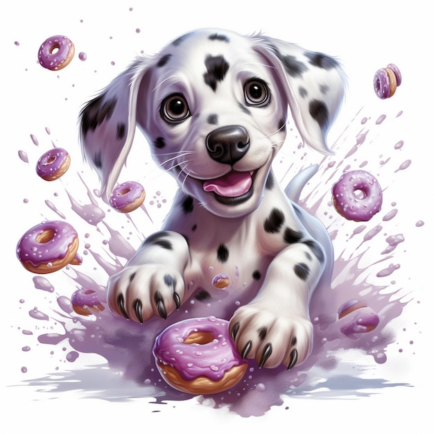 een hond met witte en zwarte vlekken speelt met een donut.