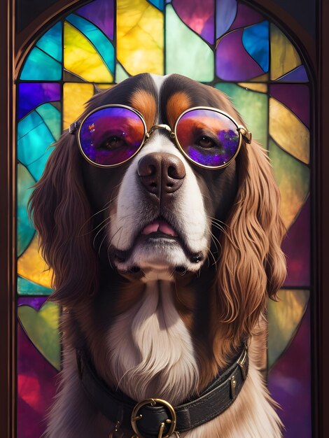 Een hond met zonnebril glas-in-loodportret gegenereerd door Ai