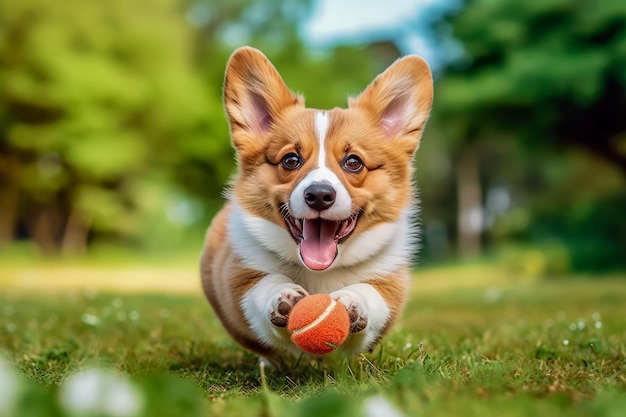 Een hond omringd door speelgoed en bezig met spelen