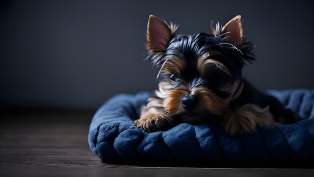 Een hond op een bed in het donker