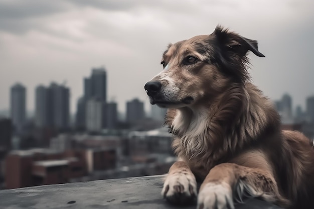 Een hond op een dak met een stad op de achtergrond