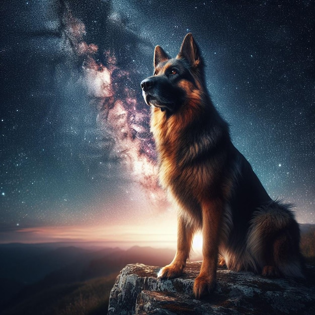 een hond op een heuvel met een sterrenstelsel in de achtergrond gegenereerd door AI
