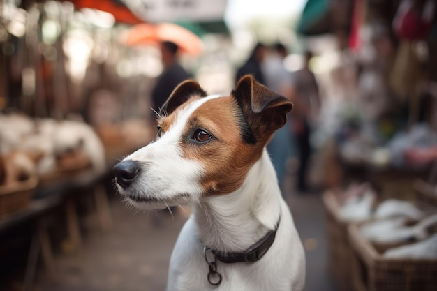 Een hond op een markt met een bordje met de tekst 'pet food'