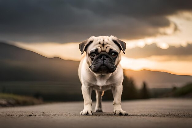 Een hond op een onverharde weg met een groene achtergrond