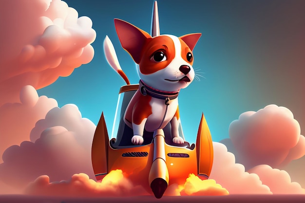 Een hond op een raket waar rook uit komt