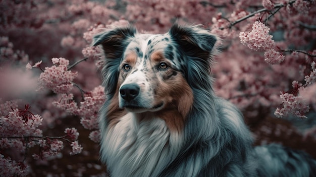 Een hond op een roze bloemrijke achtergrond