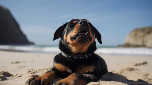 Een hond op een strand met de lucht op de achtergrond