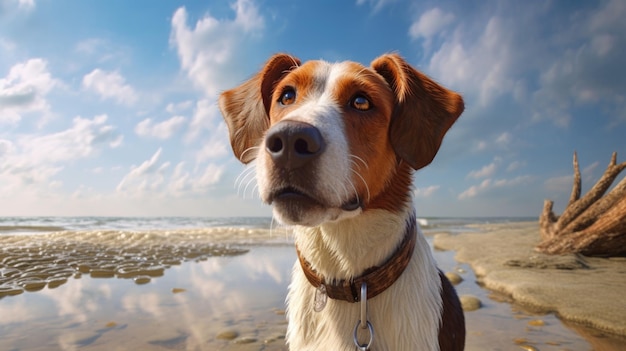 Een hond op een strand met een bewolkte lucht op de achtergrond