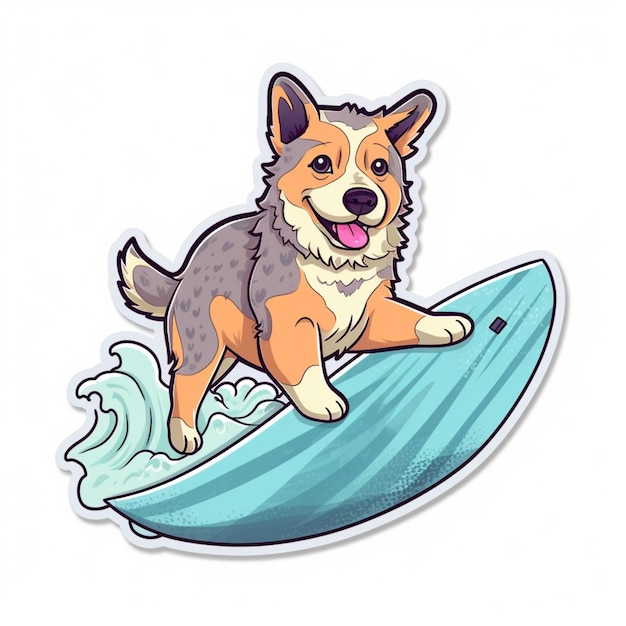 Een hond op een surfplank met een blauwe achtergrond.