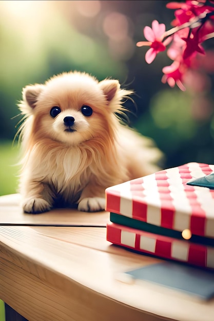 Een hond op een tafel met een stapel boeken