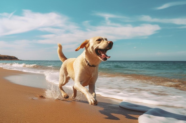 Een hond op het strand met de oceaan op de achtergrond