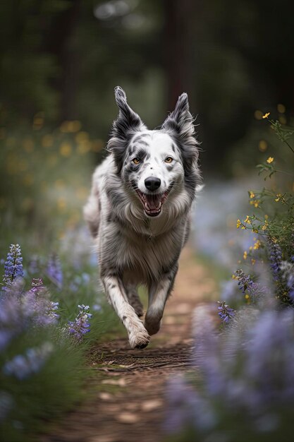 Een hond rent door een bos met blauwe bloemen.