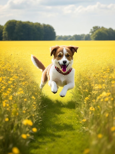 Een hond rent door een veld met gele bloemen met het woord liefde erop