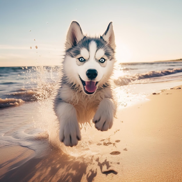 Een hond rent door het zand op een strand met de ondergaande zon achter hem.