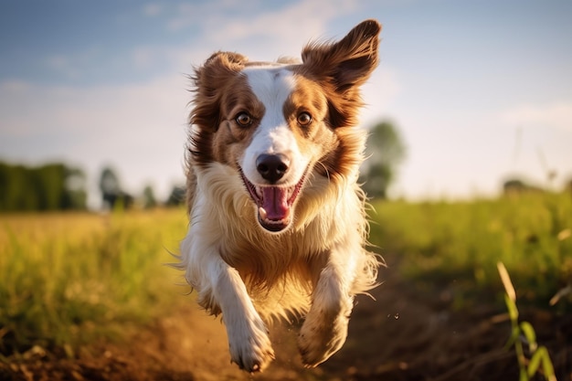 een hond rent in een veld met de lucht op de achtergrond.