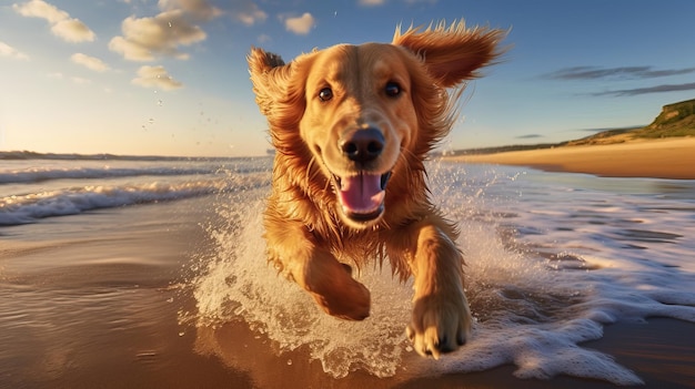 Een hond rent op het strand terwijl de zon op zijn gezicht schijnt.