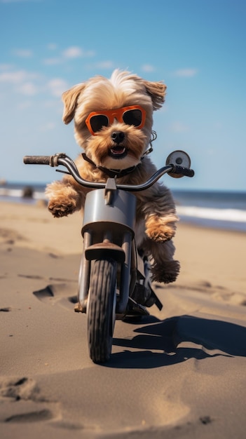 Een hond rijdt op een elektrische fiets op het strand