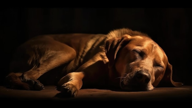 Een hond slaapt in het donker met zijn ogen dicht.