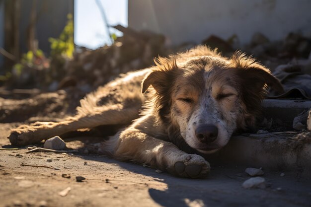 Een hond slaapt op de grond met zijn ogen dicht.