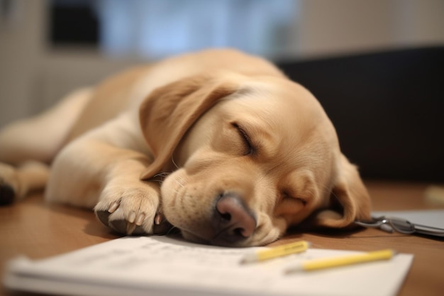 Een hond slaapt op een bureau met een potlood erop.