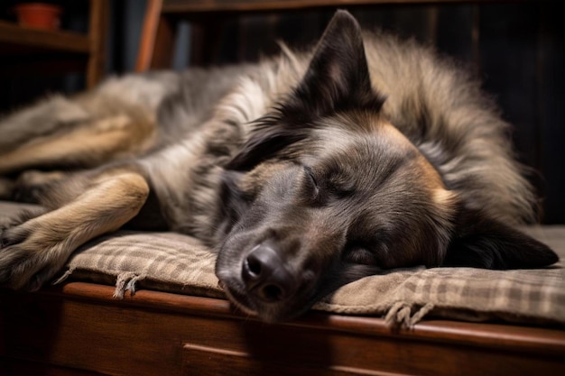 Foto een hond slaapt op een stoel met zijn ogen dicht.