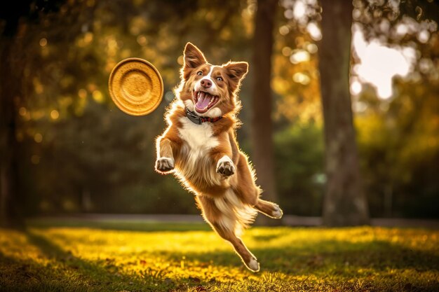 Een hond springt in de lucht met een frisbee in zijn bek.