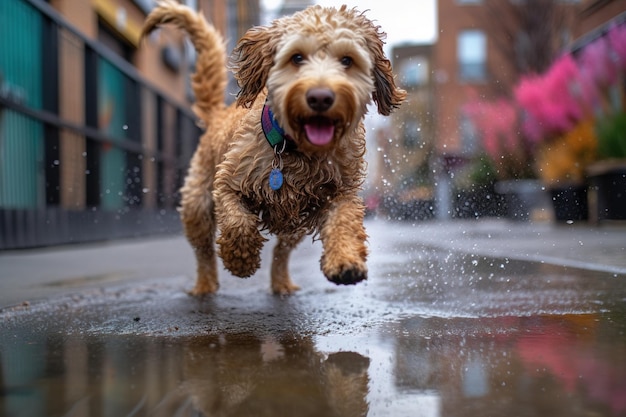 Een hond springt in een plas met het woord hond erop.