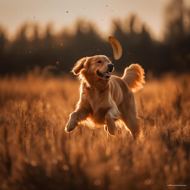 Een hond springt in een veld met een blad in zijn bek.