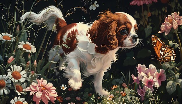 een hond staat in een veld van bloemen en heeft een foto van een hond en het woord de hond