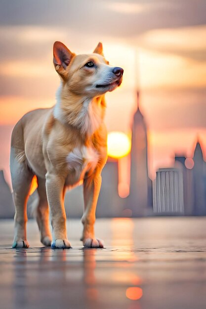 Een hond staat op een stoep voor de skyline van een stad.