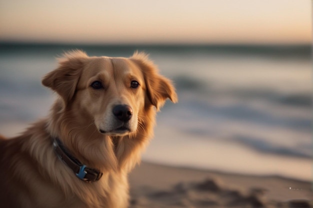 Een hond staat op het strand en kijkt naar de camera.